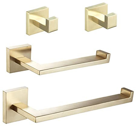 Beelee BA203BG-4 - Set di accessori per il bagno, set di accessori per il bagno, portasciugamani + porta carta igienica + 2 ganci per asciugamani, montaggio a parete in acciaio inox SUS