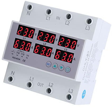 3 Phasen DIN Schienen Voltmeter Amperemeter Multitester,Stromzähler Hutschiene Automatic Overvoltage Overcurrent Protector AC 390‑500V (63A)