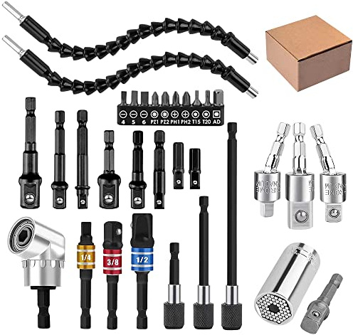 32pcs Flexible Drill Bit Extension Set, Rotatable Joint Socket 1/4 3/8 1/2 Inch Hex Socket Adapter, 105°Right Angle Drill Attachmen, Bendable Screwdriver Kit with a Box (Black)