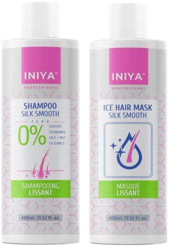 Iniya Silk Smooth Kit | Shampooing et Soin Lissant Sans Sulfate ni Silicone | Masque Lissage Brésilien - Tanin (2X400ml) | Marque Française
