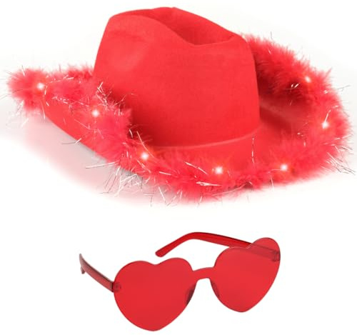 Funcredible Santa Light Up Cowboy Hat and Glasses – Red LED Cowgirl Hat with Feathers – Christmas Costume Accessories for Women