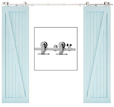 TSMST Sistema de puerta corredera de acero inoxidable de 167 cm, juego completo para puertas correderas, color negro, adecuado para puertas dobles de madera (colgador en forma de T)