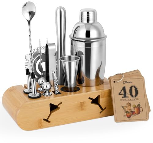 X Home Barkeeper-Set mit Ständer, Cocktail-Shaker-Set für Enthusiasten und Anfänger, inklusive Martini-Shaker, leicht zu messender Messbecher, Hawthorne-Sieb, Rührlöffel und mehr, Barkeeper-Set