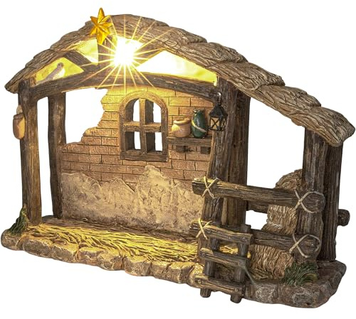 Christmas Nativity Stable, Christmas Decoration Resin Nativity Scene, Hand Painted Jesus Birth Manger Figurines with LED Light, Classic Xmas Table Ornaments for Holiday Indoor Tabletop Fireplace Gift