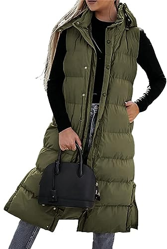 FeMereina Women Hooded Long Puffer Vest Jacket Sleeveless Zipper Closure Long Quilted Vest Solid Warm Winter Coat With Pockets (Army Green, XL)