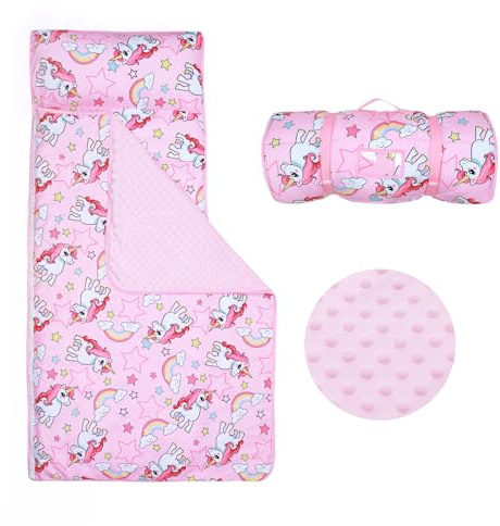 Tapis de Sieste pour Enfants avec Oreiller et Couverture Amovibles Sac de Couchage 2 en 1 Très Épais pour Garçons et Filles, Couverture de Sieste pour Crèche, Voyage et Camping (Licorne Rose)