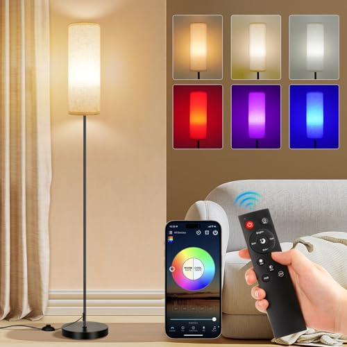 Frideko Floor Lamp for Bedroom,Modern Standing Lamp with RGB Smart LED Bulb & Brightness Dimmable,Floor Lamps with Remote,Corner Floor Lamps for Living Room Office,Foot Switch,Beige Lampshade