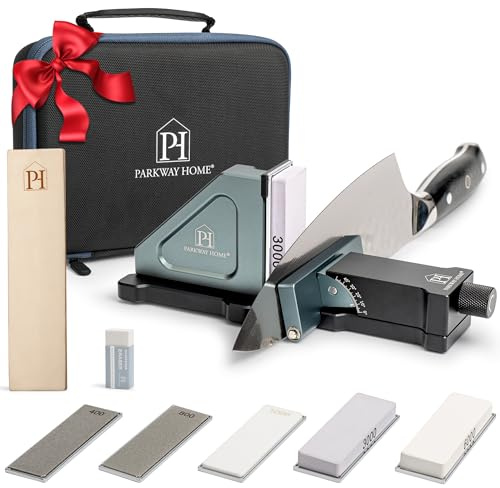PATENTED ORIGINAL ADJUSTABLE ROLLING KNIFE SHARPENER KIT: Adjustable Height, 30 Angle Options, 5 Removeable Whetstone Plates, Leather Strop with Travel Case - Kitchen Knife Sharpener