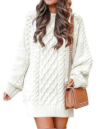 Placitiume Donna Vestito Maglione a Maniche Lunghe, Maxi Abito in Maglia Grossa, Mini Abito a Tunicata per Autunno 2024, Outfit Trendy, bianco, S
