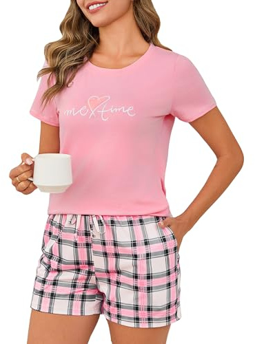 Leversic Pijama Verano Mujer Pijama Corto a Cuadros 2 Piezas Parte Superior de Pijama de Manga Corta con Pantalones de Pijama a Cuadros Conjunto de Ropa de Estar por Casa(Rosa1,S)