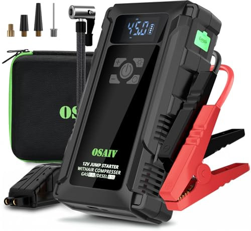 OSAIV 6-in-1 Jump Starter Power Pack with Air Compressor, 12V 3000A Portable Car Battery Booster and 150PSI Tyre Inflator for 8.5L Petrol/6.5L Diesel, 14800mAh Power Bank with LED Light and Jump Leads