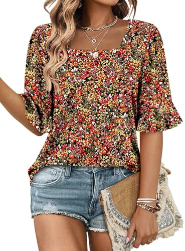 KISSMODA Womens Half Sleeve Tunic Tops Summer Square Neck Blouses Dressy Ruffle Sleeve Casual Shirts for Leggings