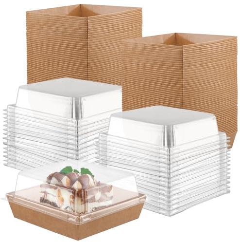 MOUYAT 100 st tårtskivor, plast, 13,5 x 12,5 x 6,5 cm fyrkantiga tårtskivslådor med genomskinliga lock, plastlådor för tårtskivor individuella för efterrätt, smörgås, kakor