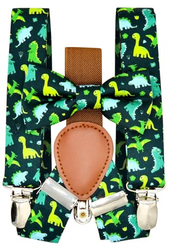 Qenidm Boy Suspenders Bow tie Set, Navy Cute Dinosaur Pattern