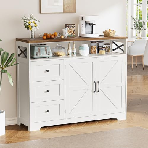 FiveWillowise Küchenschrank, Sideboard mit Schubladen und Offenem Regal, Anrichte, Küchenschrank, Kaffeebar-Schrank für Küche, Esszimmer, Wohnzimmer, 120 x 35 x 95cm, Weiß
