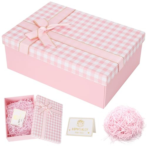 Gift Box, Foldable Gift Boxes with Lids with Greeting Card and Raffia Shred, 25x18x8.5m Gift Boxes for Presents for Christmas, Valentine's Day, Birthdays, Anniversaries