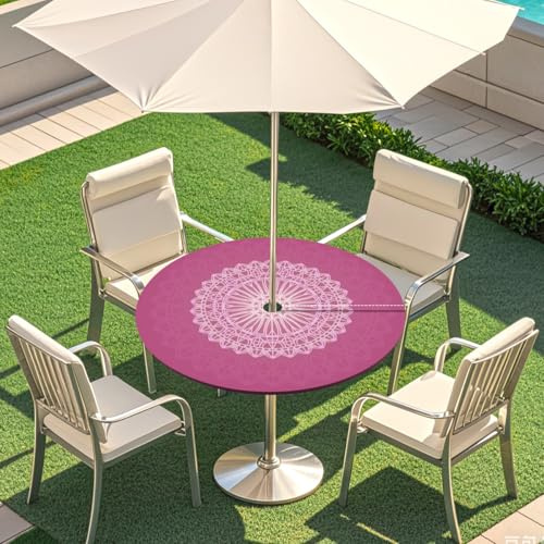 Highdi Mantel Redondo Antimanchas con Agujero, Ajustable Manteles de Mesa Impermeables Efecto Loto, Exterior Manteles para Jardín Restaurante, Ideal para 90cm-110cm