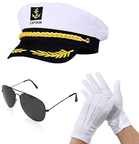 SAIIURV 3 Pièces Chapeau Capitaine Bateau Adulte, Casquette de Marin Réglable, avec Gants Marine, Lunettes de soleil, pour Bateau Costume Accessoires Femmes et Homme Fête Halloween Cosplay(Blanc)