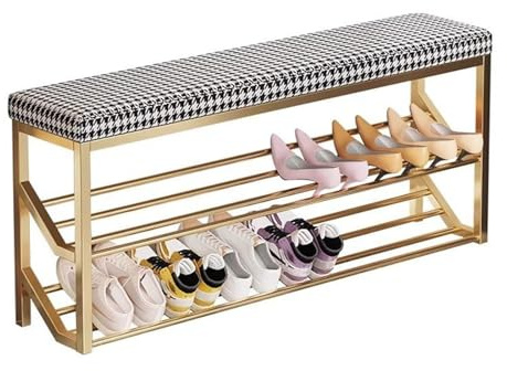 Elegante taburete estrecho para cambiar zapatos, estante de almacenamiento de 2 niveles con cojín de piel sintética y marco de metal, ideal para pasillo, entrada y sala de estar (negro y dorado, 120 x