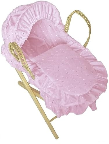 Dolls Moses Basket With Stand – Broderie Anglaise Bedding, for Kids & Toddlers (Pink)