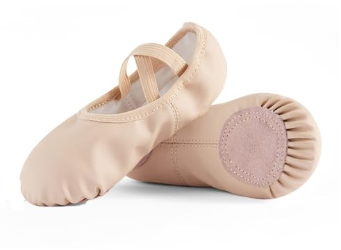 missfiona Leather Ballet Shoes Girls Dance Slippers No Tie(12 UK, Beige)