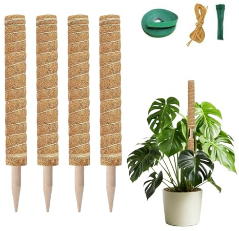 Paletto Monstera, 4 Pezzi 40cm in Fibra di Cocco, con 2m Corda Canapa, 2m Velcro, 20 Fascette a Forma di Pesce, Espandibile Sostegno per Piante Rampicanti (4)