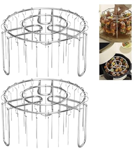 2PCS Air Fryer Rack Round, Stainless Steel Vertical Air Fryer Skewer Rack, AirFryer Grill Racks, Barbecue Kabab Set with 48PC Hanging BBQ Skewers, AirFryer Accessories for Sausage, Fish, Meat