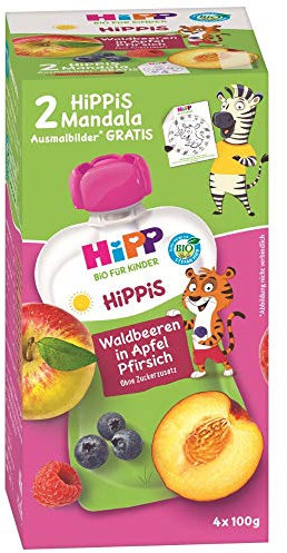 HiPP HiPPiS Quetschbeutel Vorteilspack, Waldbeeren in Apfel-Pfirsich, 100% Bio-Früchte ohne Zuckerzusatz, 4 x 4 Beutel à 100 g