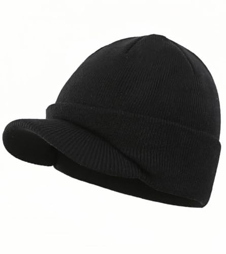 Home Prefer Men's Beanie Hat for Winter Knitted Hat with Bill Daily Beanie Cap Black