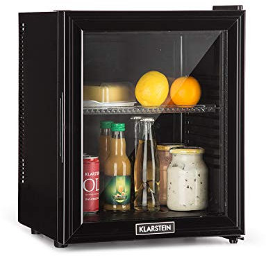 KLARSTEIN Brooklyn Mini Frigo de Chambre, Mini Bar, Refrigerateur Aliments, Boissons, Porte en Verre, Etagères Réglables, Petit Frigo Camping, Voiture, Mini Frigo Cosmetique, Silencieux, 12-18°C, 24L