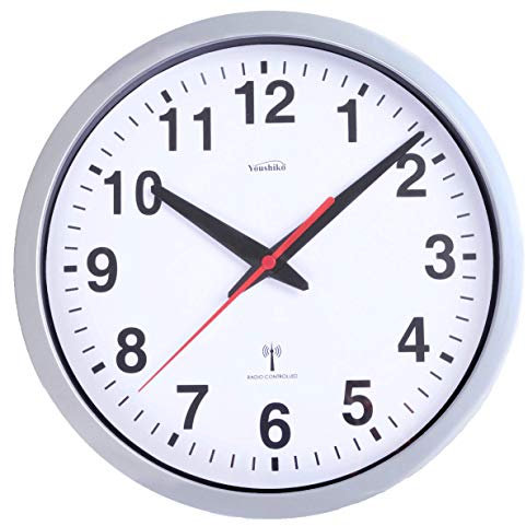 Youshiko Radio Controlled Wall Clock (Official UK & Ireland Version), Stylish Silver & White Bold Classic Design (25cm / 10-Inch Diameter), Home/Kitchen/Office/School Clock, Easy to Read