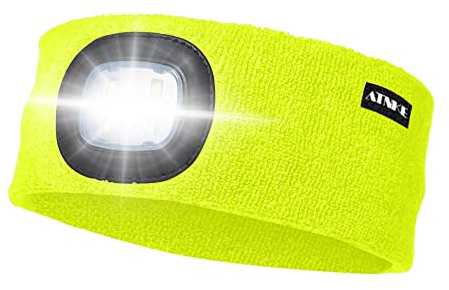 ATNKE LED Lighted Headband, USB Rechargeable Running Hat Ultra Bright 4 LED Waterproof Light Lamp Headlamp High Stretch Moisture Wicking Multi-Color/Fluorescent yellow