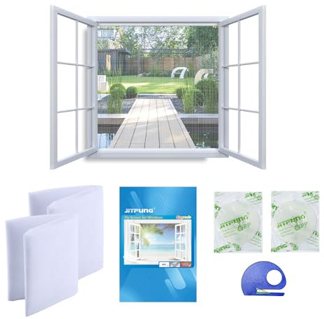 JIT-FUNG DIY Fly Screen for Windows, 2 Packs of Mosquito Net Insect Mesh 130x155CM with 2 Rolls [UPGARDE] Self-Adhesive Tapes & Cutter, White (Square, Set of 2)