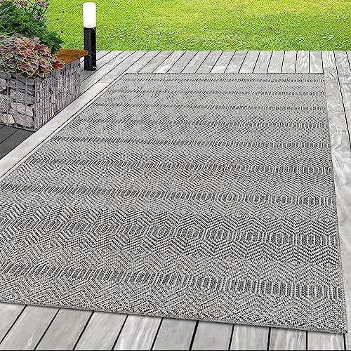 SIMPEX In- & Outdoor Teppich 160x230 cm, Wetterfest & Robust, Flachgewebe mit Modernem Ethno Look Boho-Design in Grau & Creme, Rechteckig für Terrasse, Balkon, Küche, Bad & Wohnzimmer