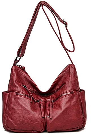 FANDARE Leichte Schultertasche Damen Umhängetasche Frauen Vintage Schulranzen Wasserdicht PU Leder Women Purse für Shopper Reisen Arbeitstasche Messenger Bags Weinrot
