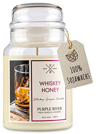 Purple River Große Duftkerze im Glas mit Deckel | Whiskey Honey | Duftkerze Whiskey | Kerzen lange Brenndauer | Sojawachskerze | Raumduft für Zuhause