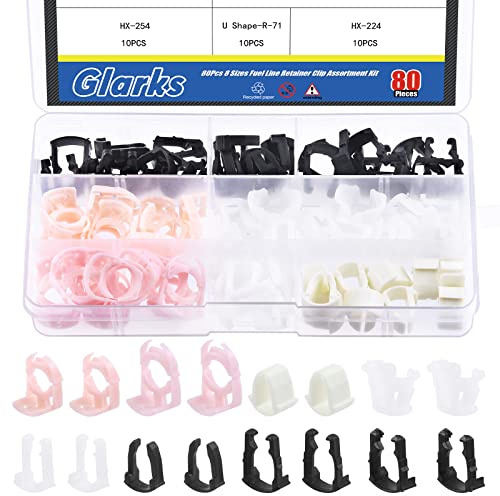 Glarks Lot de 80 clips de fixation de conduite de carburant - 9,5 mm et 16 mm - 8 tailles - Assortiment nylon - Kit de remplacement compatible
