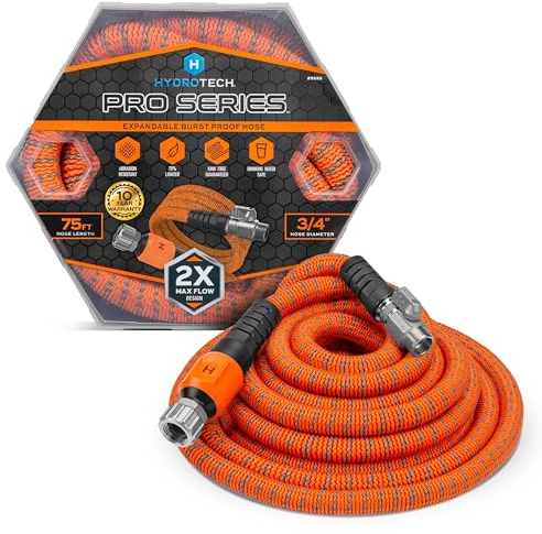 HydroTech 75 ft Expandable Garden Hose - Pro Series, 2x Max Flow, 3/4 No-Kink Flexibility, Lightweight Hose for Lawn, Garden, Car Washing, Deck and Patio Cleaning