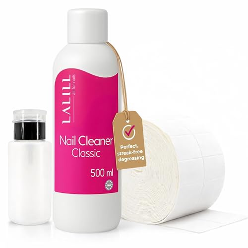 LALILL Nagel Cleaner 500ml Set - Nagel Entfetter mit Wattepads und Pumpflasche - Dispenser Pumpspender 200ml, 500 x Zelletten Pads aus Baumwolle, Nagelentfetter für Gelnägel, Hybride und Pinsel