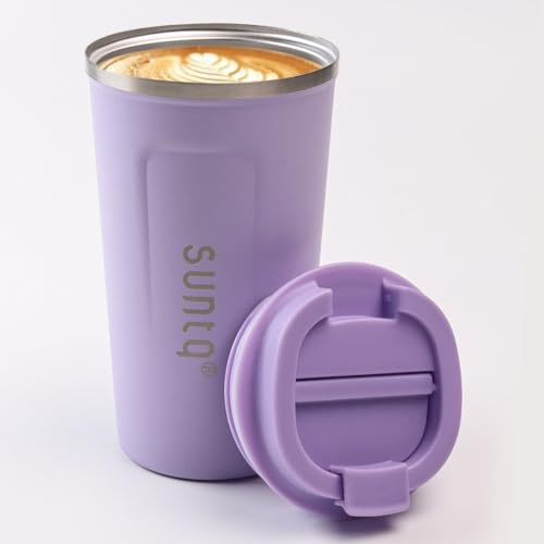 SUNTQ Återanvändbara kaffekoppar, 510 ml, kaffemugg/resemugg med läckagesäkert lock, termisk mugg, isolerad kopp i rostfritt stål till resan, för varma och kalla drycker, lila