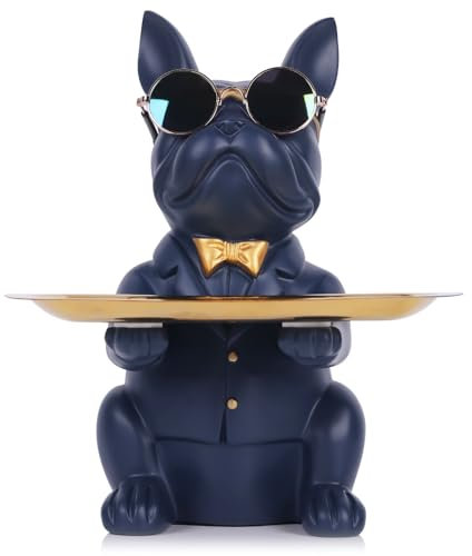QIANLING Plateau décoratif moderne en résine bleu marine en forme de bouledogue – Rangement pour clés, bonbons, bijoux, boucles d'oreilles – Convient pour la maison, la table à manger, le bureau –