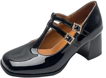 Pelle verniciata dolce punta quadrata fibbia cinturino Mary Jane scarpe tacco a blocco tacco medio con 6 cm décolleté per le donne grandi dimensioni Z034s35T, Nero , 43 EU