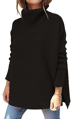 Hormtaer Women's Turtleneck Jumpers Casual Ladies Jumper Sweaters Long Sleeve Tops Sport Pullover Loose Chunky Knitted Cowl Neck Knitwear (AA Black2, L)