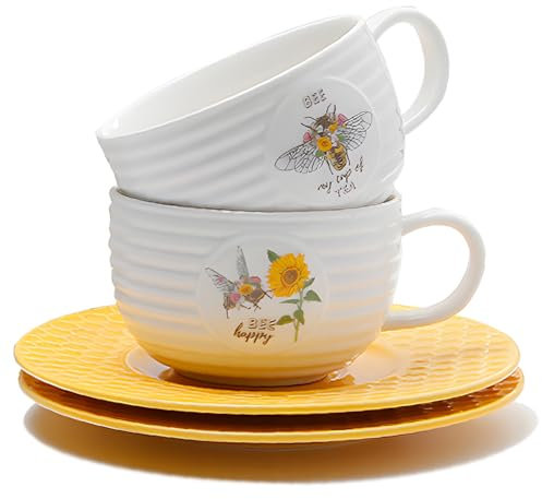 Prefdo Porcelain Tea Cups and Saucers Set of 2, Honey Bee Pattern Ceramic Tea Cup Coffee Mug for Home Kitchen Office Coffee Shop Tea Party, 260ml/9 OZ, Gift Package