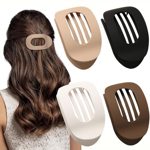 Yeomju Pack of 4 Neutral Colour Matt Flat Hair Claw Clips for Women, Round Lay Down Clip for Thick and Thin Hair, Comfortable, Curved