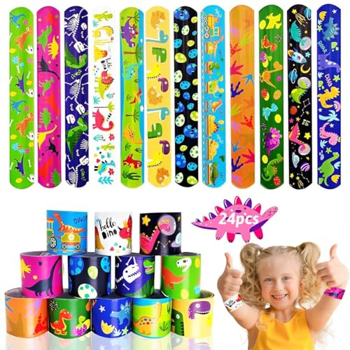 FENQURO 24 Pcs Pulseras de Bofetadas, Slap Pulseras de Juguete para Niños, Pulseras de Juguete Slap Pulsera, Bandas de Bofetadas, Regalo de Fiesta de Cumpleaños para Niños y Niñas（Dinosaurio）