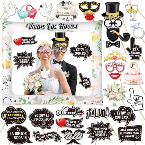 DPKOW Photocall Boda Español 31Pcs Accesorios Photocall Boda Foto Props Fotomaton + Marco de Fotos Hinchable Fotocoll de Boda para Hora Loca Boda Fiesta Accesorios Decoracion Boda
