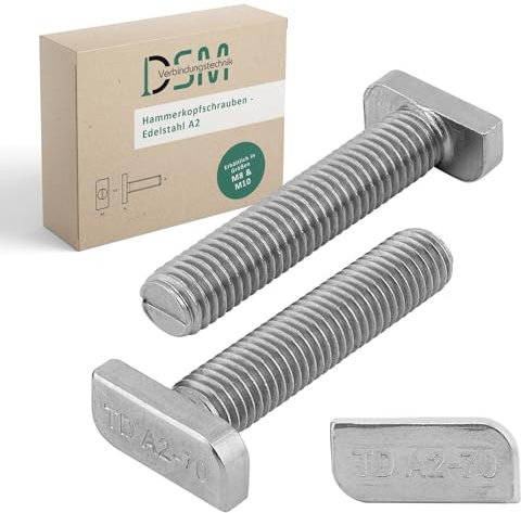 DSM Lot de 10 vis à tête marteau M8 x 60 mm Acier inoxydable A2-70, type 28/15 ? pour rails de montage, photovoltaïques, panneaux solaires, supports PV, profilés C, montage solaire et serres