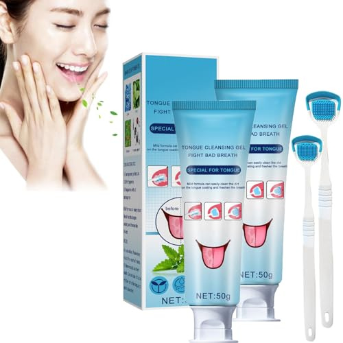Zungenreiniger Gel Set,Zungenschaber Zungenreiniger-Set,Zungenreiniger Gel Set mit Mundhygiene Bürste, Zungenreiniger Kit für frischen Atem (2)