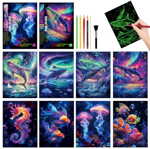 2 Ensembles Scratch Art Kit pour Enfants Adulte,Scratch Paper Rainbow Painting Sketch Creative Gift,Dessin à Gratter ScratchboardAvec dégradé de couleurs et stylo à gratte (Océan)